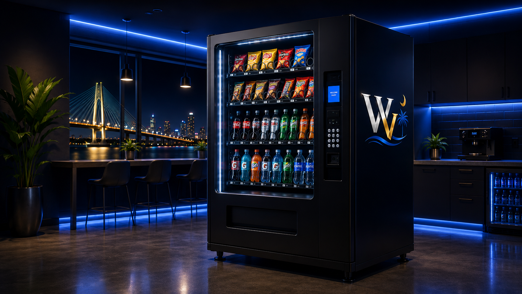 Modern black vending machine in a premium blue-lit office breakroom.